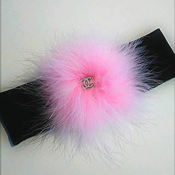 HEADWRAP WRIST WRAP CG.Rhinestone & PINK FEATHER  Pom - Picture 1 of 1